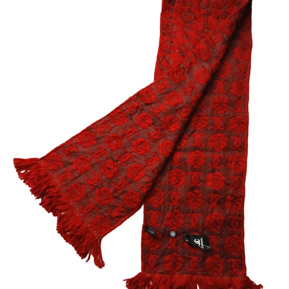 CHANEL Luxury Vintage VWT Red Rose Motif Cashmere Silk Fringed Shawl Wrap Scarf - Picture 6 of 15